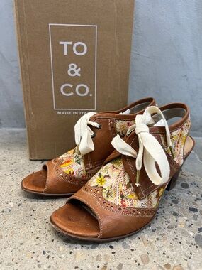 Brown Leather Floral Lace-Up Peep-Toe Heels